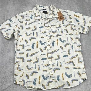 NEW Prana L Organic Cotton Blend Slim Fit Short Sleeve Button Down‎ Shirt